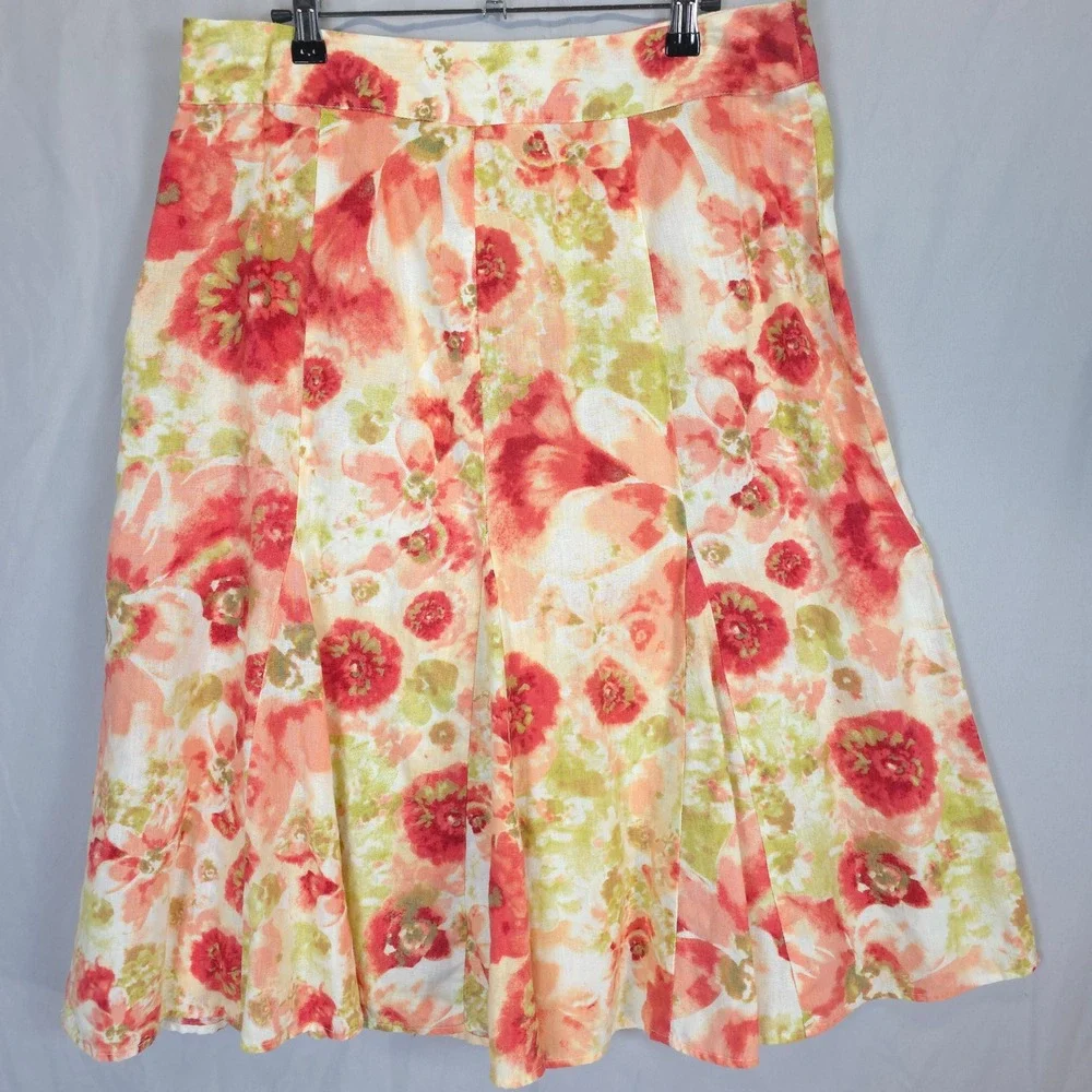 Watercolor Floral Linen Skirt Peach Coral Boho Flowy Midi Women 12 JM Collection